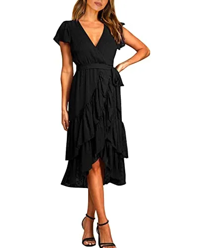 BTFBM Women Casual V Neck Dresses Boho Short Sleeve Chiffon Swiss Dot Belted Ruffle Wrap 2023 Summer Wedding Party Dress(Swiss Dot Black, Large)