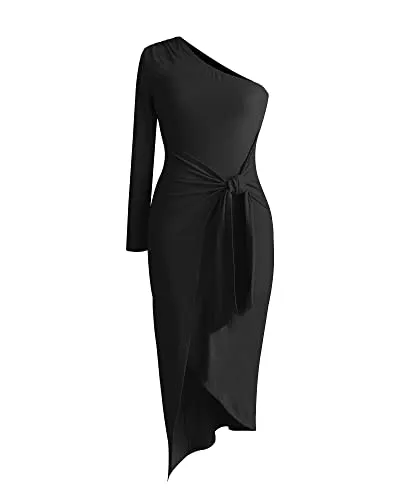 BTFBM Women Elegant Long Sleeve One Shoulder Cocktail Dress Bodycon Ruched Tie Waist Wrap Dress Solid Color Midi Party Dress(Solid Black,Large)