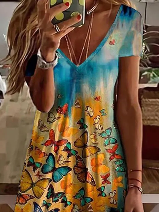 Butterfly Print V-Neck Short Sleeve Dress