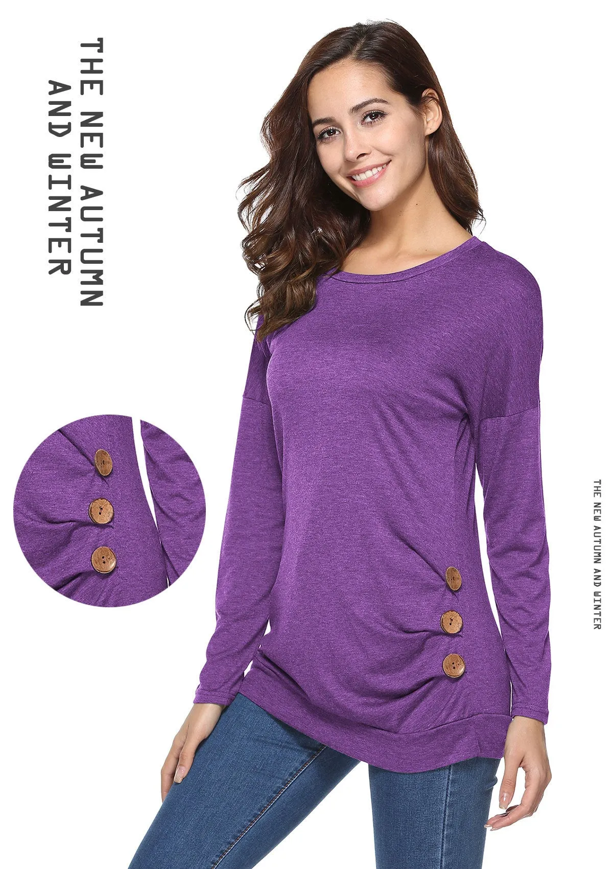 Candy Color Buttons Decorate Long T-shirt