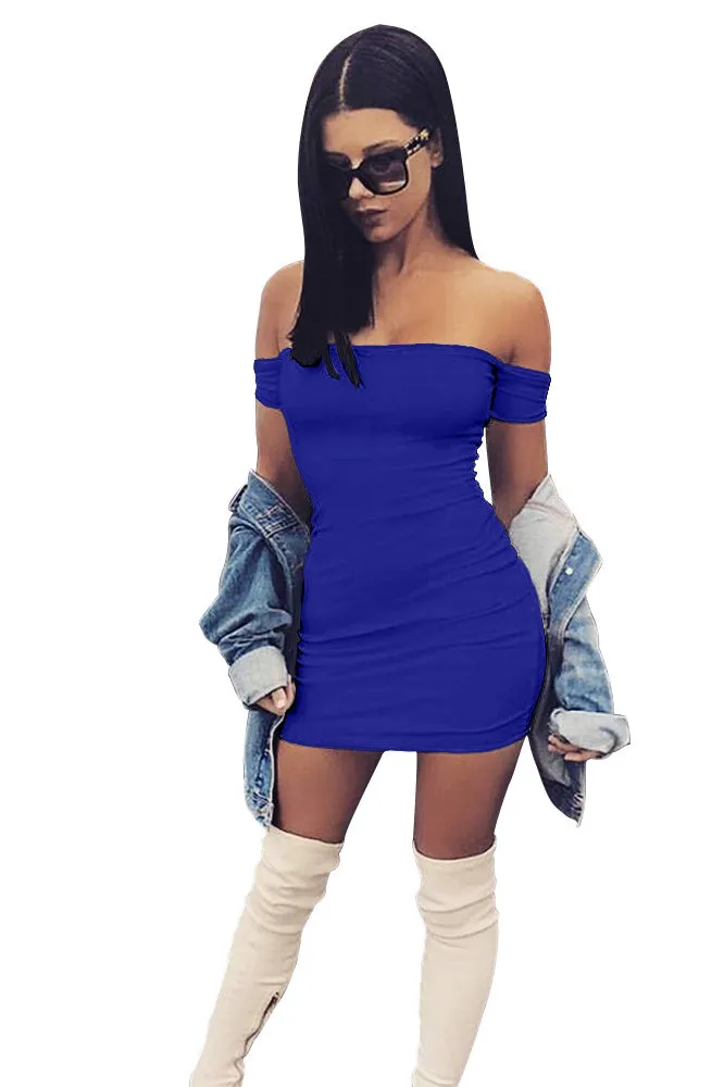 Candy Color Off Shoulder Short Sleeves Short Bodycon Dress