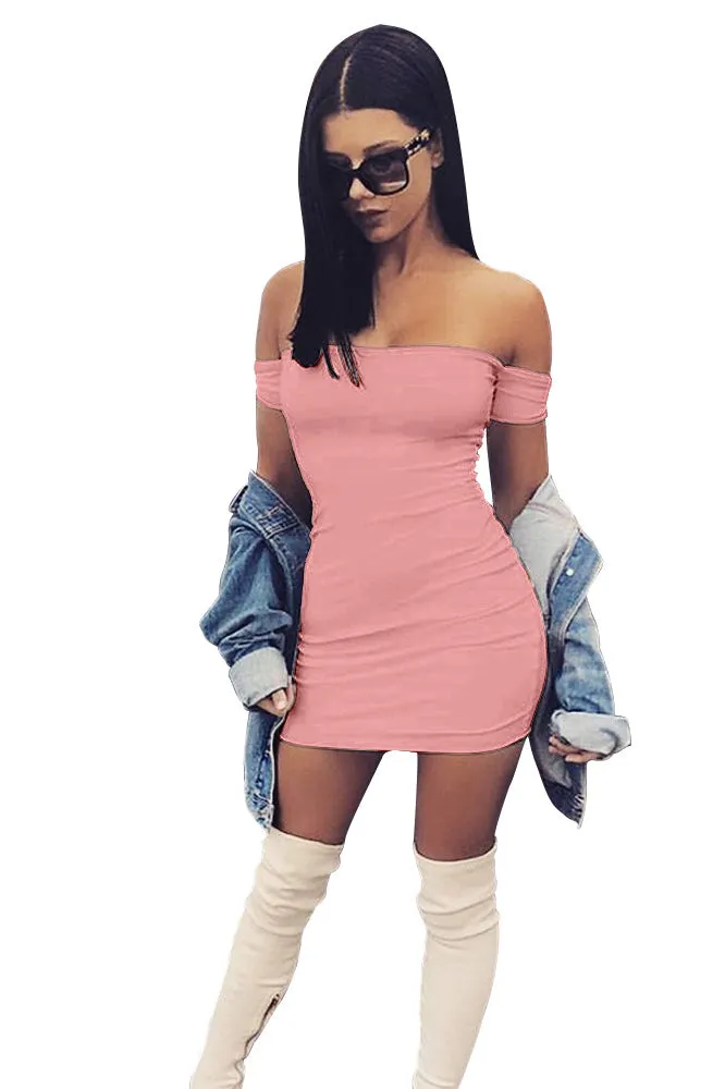 Candy Color Off Shoulder Short Sleeves Short Bodycon Dress