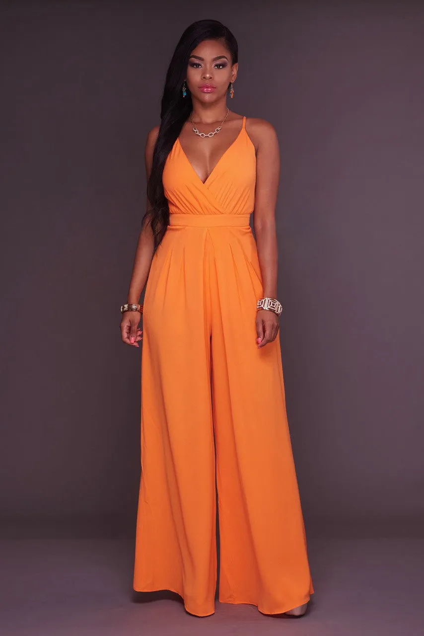 Candy Color Spaghetti Straps V-neck High Waist Long Wide Legs Jumpsuit