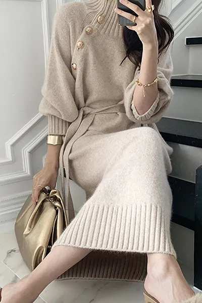 Casual Elegant Solid Buckle With Belt Turtleneck Dresses