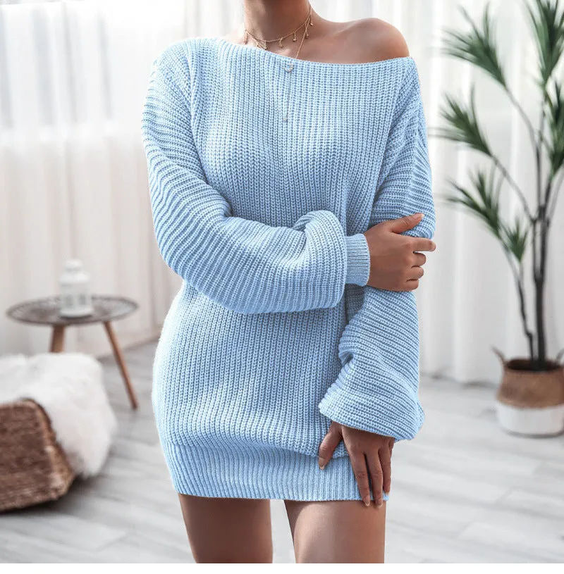 Casual Off-Shoulder Lantern Sleeve Knit Sweater Dress