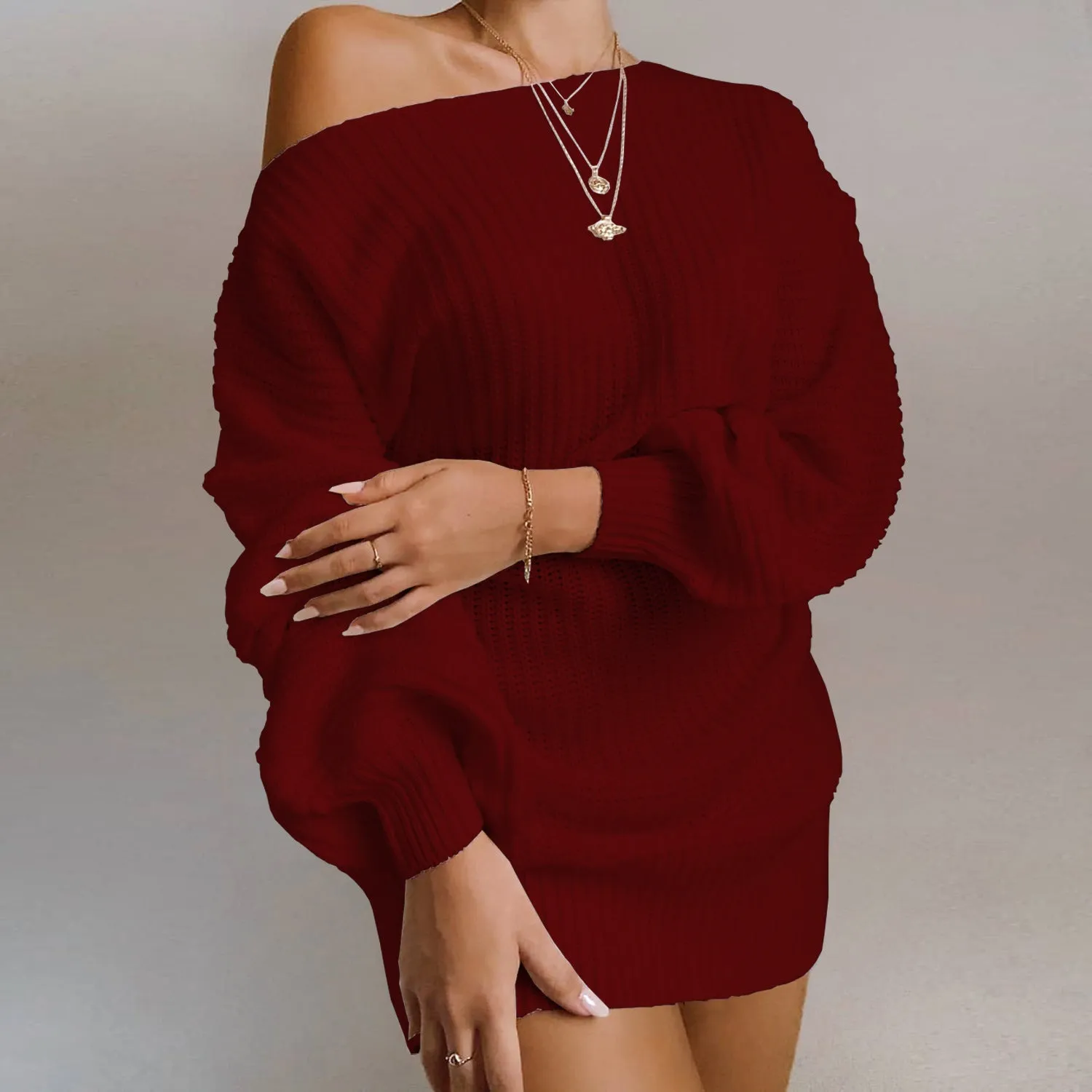 Casual Off-Shoulder Lantern Sleeve Knit Sweater Dress