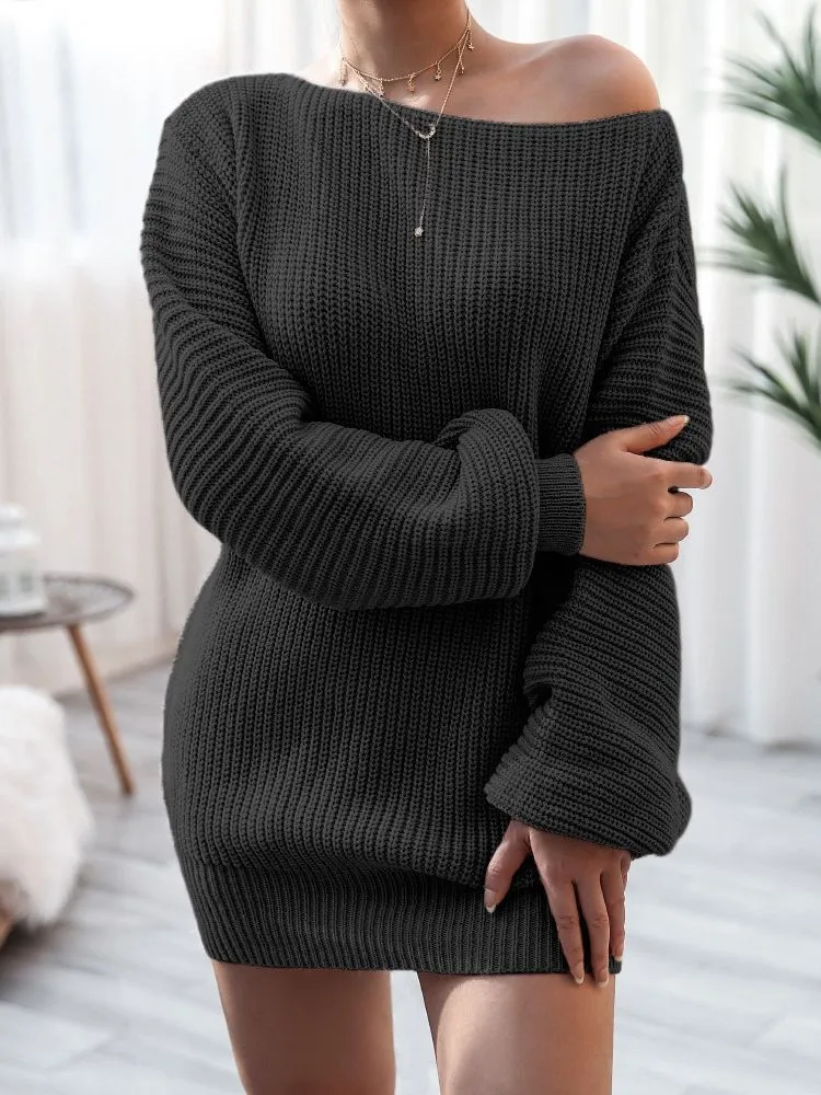 Casual Off-Shoulder Lantern Sleeve Knit Sweater Dress