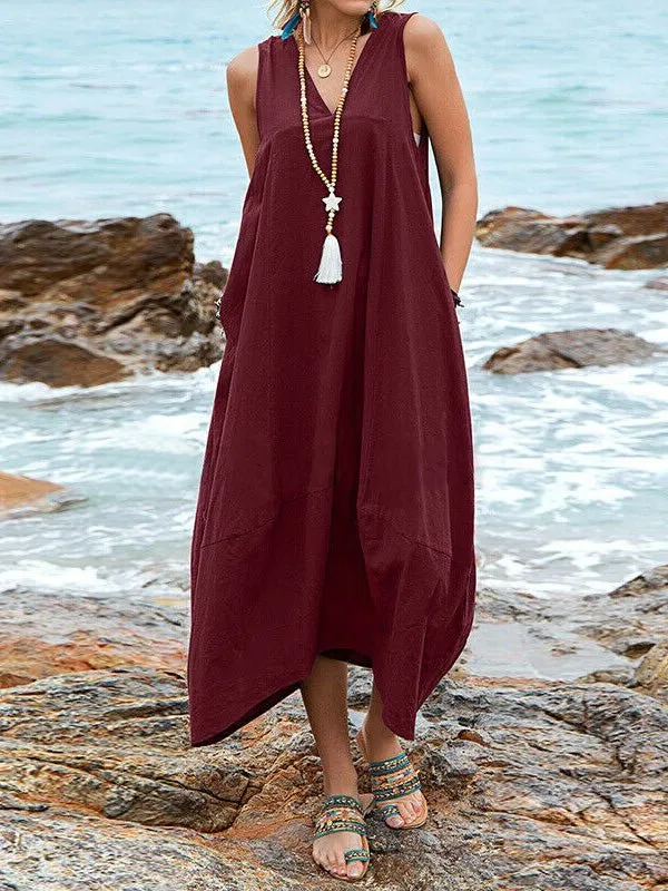 Casual V-Neck Sleeveless Pocket Dress