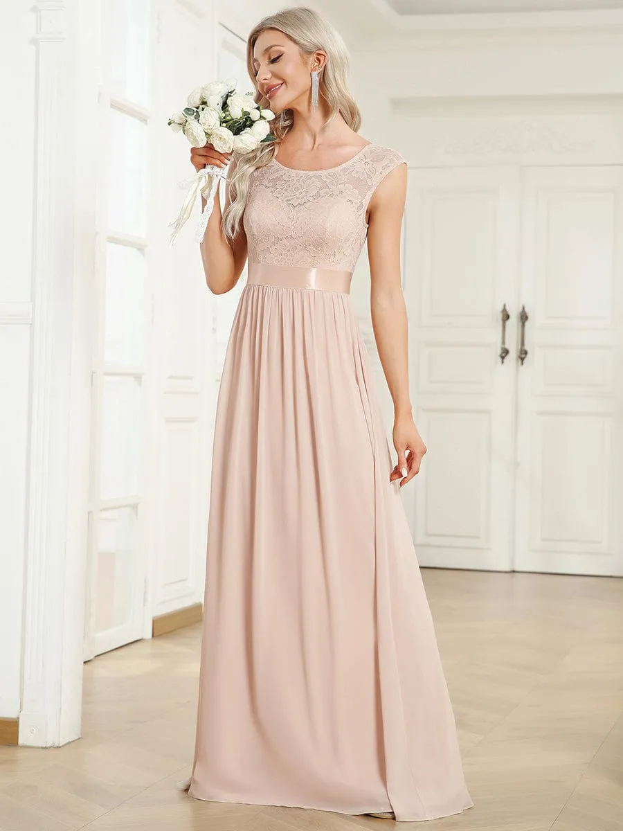 Classic Round Neck V Back Lace Bodice Bridesmaid Dress