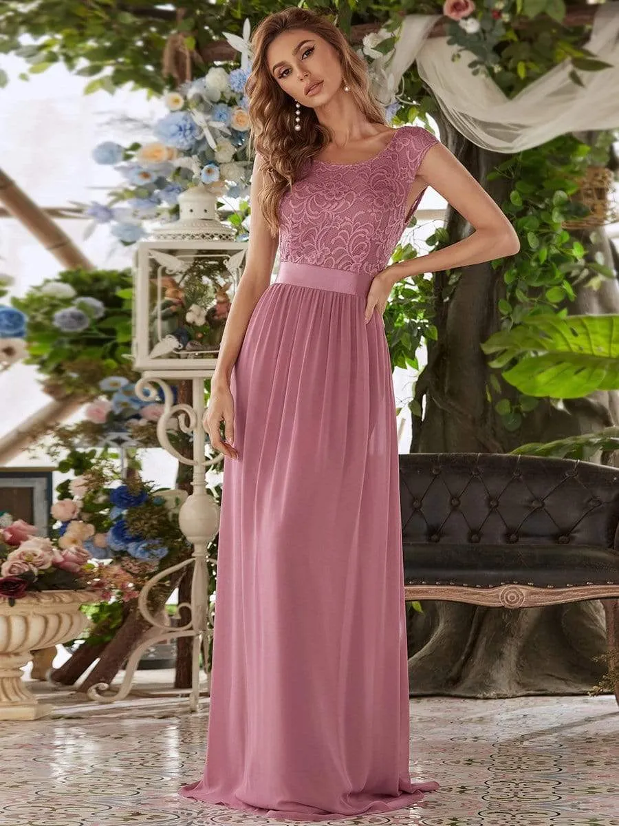 Classic Round Neck V Back Lace Bodice Bridesmaid Dress