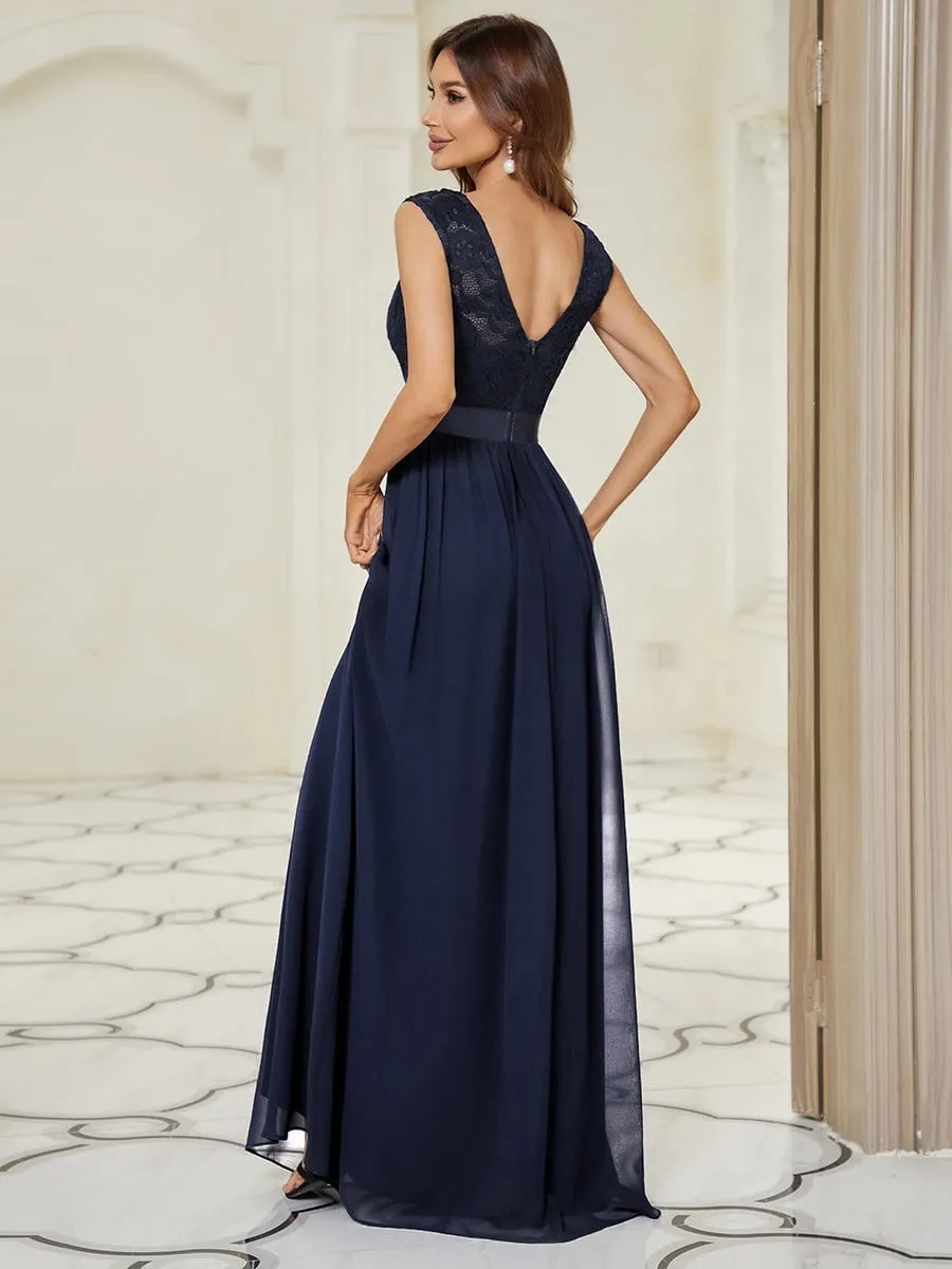 Classic Round Neck V Back Lace Bodice Bridesmaid Dress