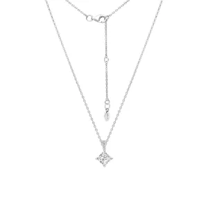 Classic Silver Rhodium Plated Lozenge Design Princess Cut CZ Drop Pendant with 16" Chain Necklace