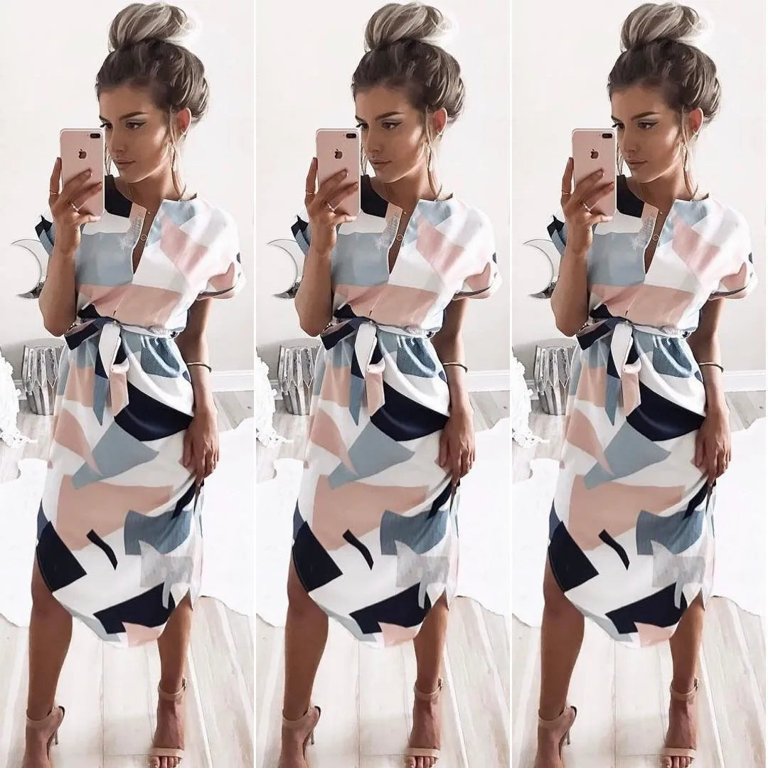 Clearance Sexy V-neck Print Irregular Knee-length Dress