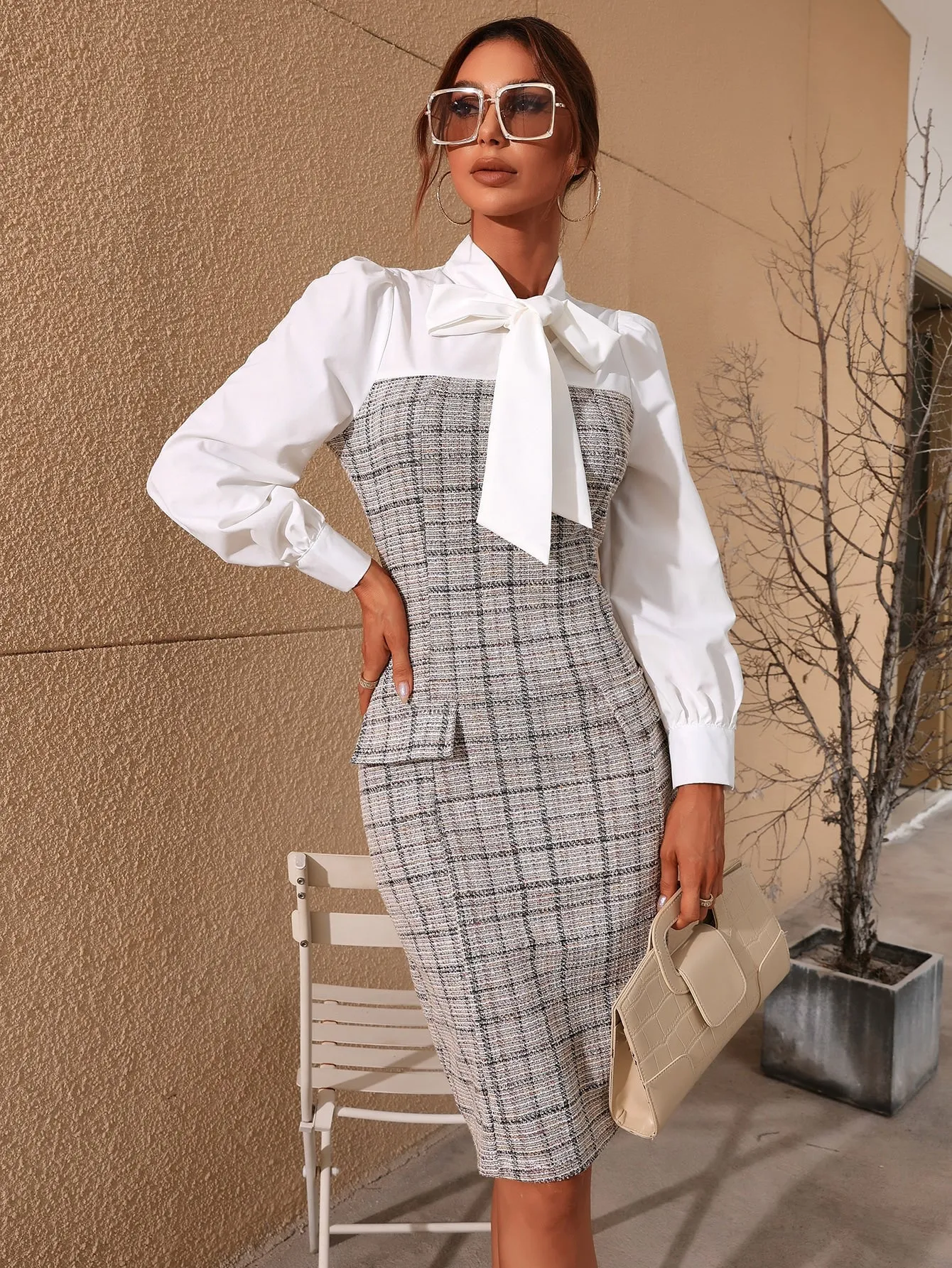 Colorblock Patched Long Sleeve Tie Neck Straight Natural Knee Length Dress