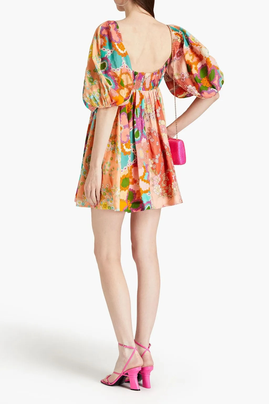 Cotton and mousse mini dress with ruffles and floral print ZIMMERMANN, peach