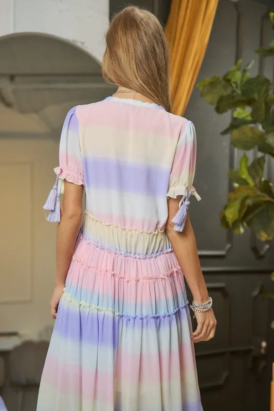 DAVI & DANI Lilac Ombre V-Neckline short Puff Sleeve High-low Maxi Dress