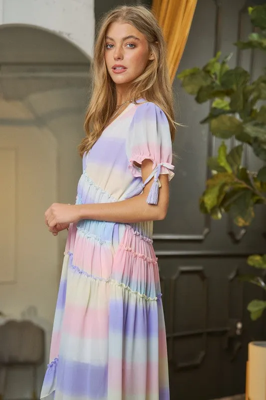 DAVI & DANI Lilac Ombre V-Neckline short Puff Sleeve High-low Maxi Dress