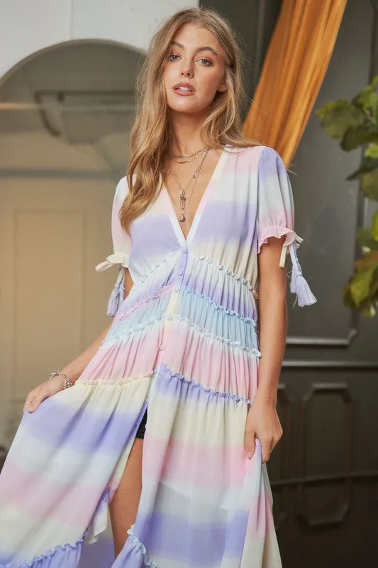 DAVI & DANI Lilac Ombre V-Neckline short Puff Sleeve High-low Maxi Dress