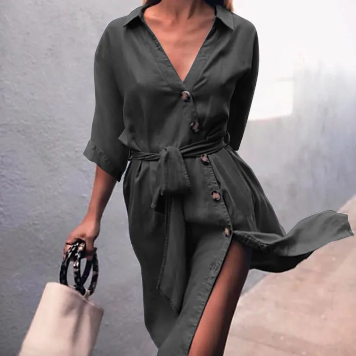 Deep V-neck Buttons Straps Belt Half Sleeves Women Knee-length Dress