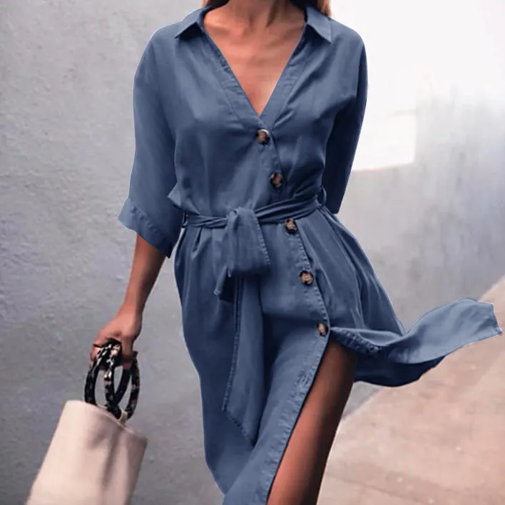 Deep V-neck Buttons Straps Belt Half Sleeves Women Knee-length Dress