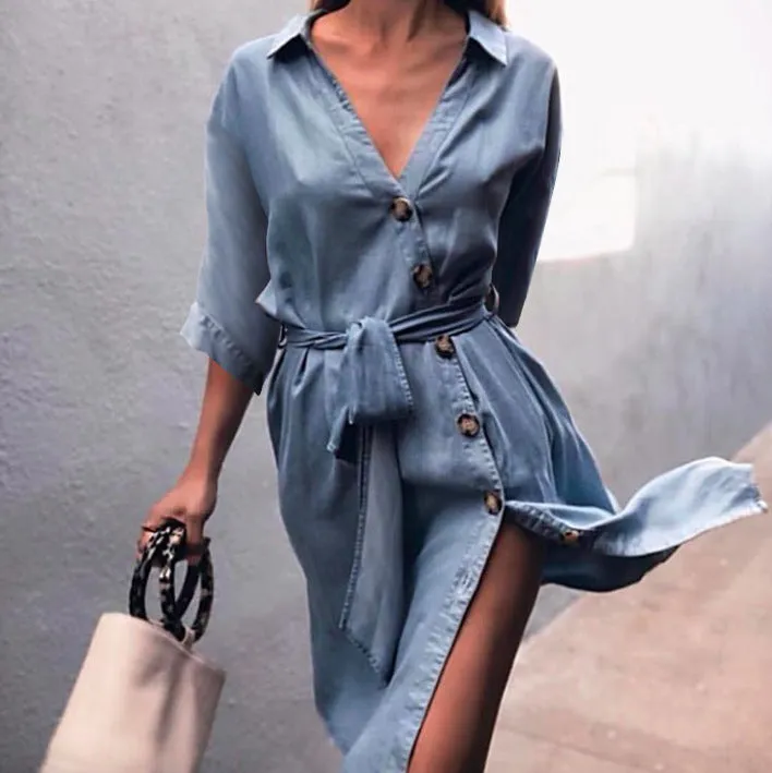 Deep V-neck Buttons Straps Belt Half Sleeves Women Knee-length Dress