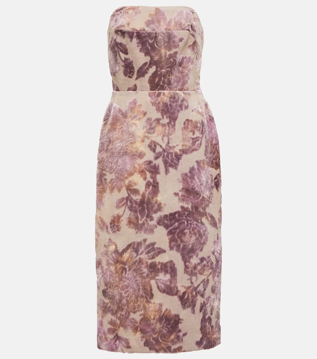 Dries Van Noten Floral Strapless Velvet Midi Dress, Pink