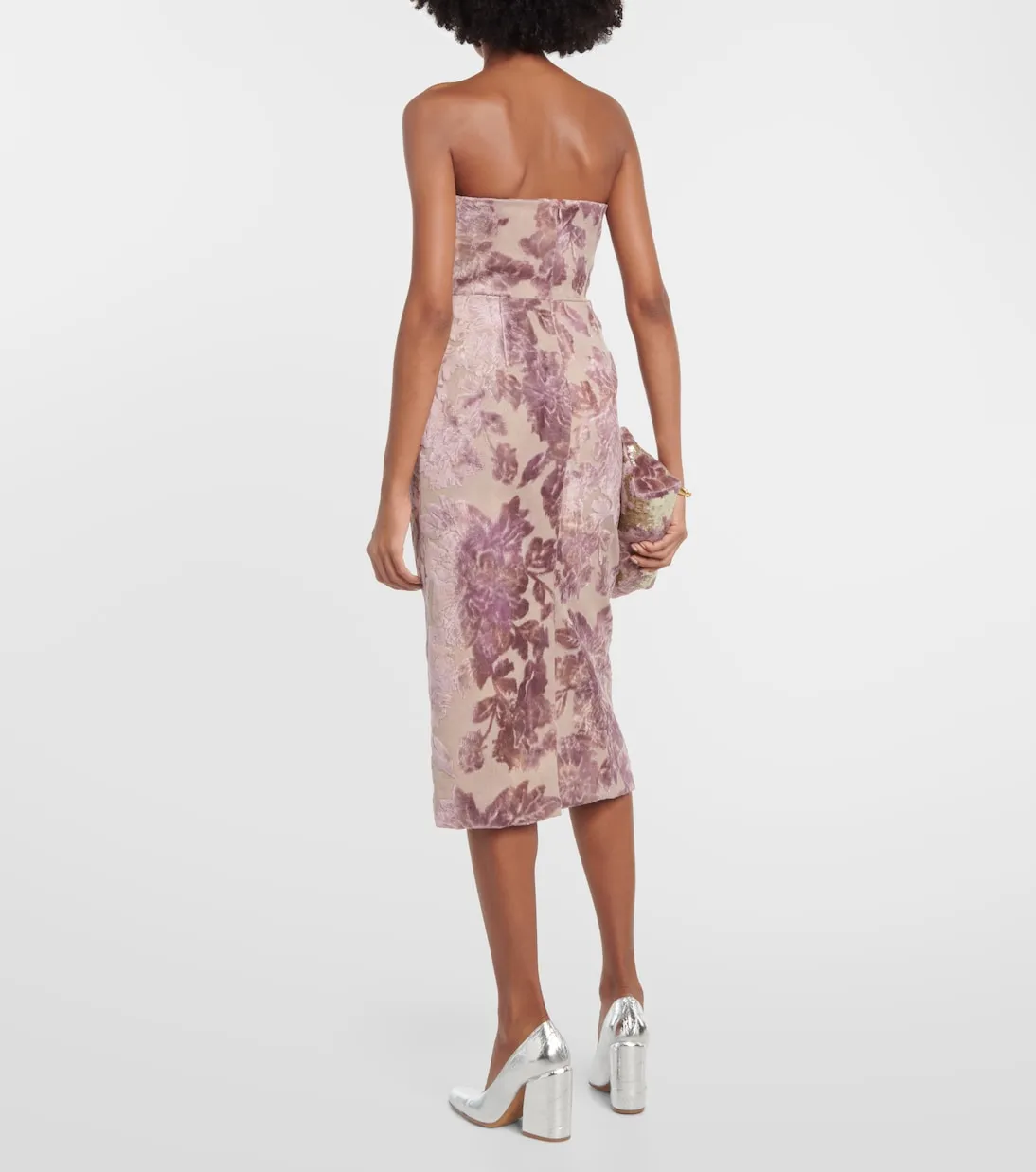 Dries Van Noten Floral Strapless Velvet Midi Dress, Pink