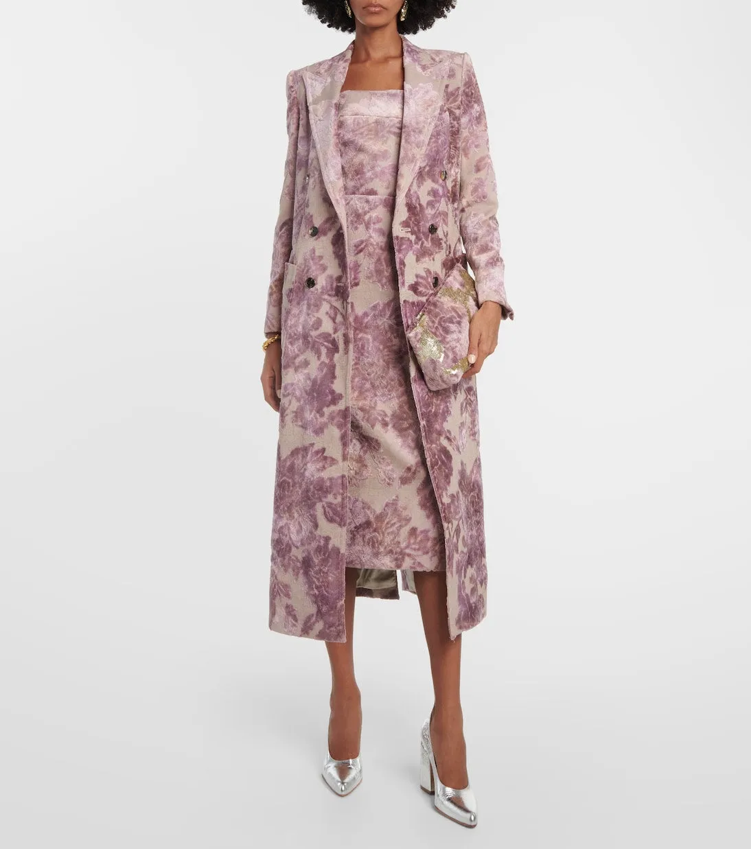 Dries Van Noten Floral Strapless Velvet Midi Dress, Pink