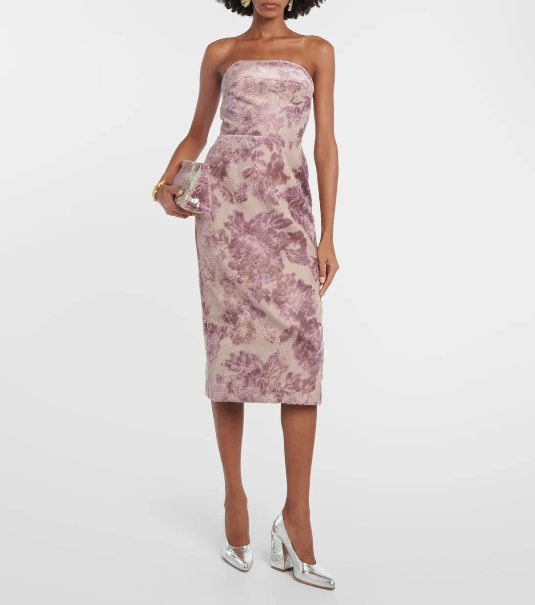 Dries Van Noten Floral Strapless Velvet Midi Dress, Pink