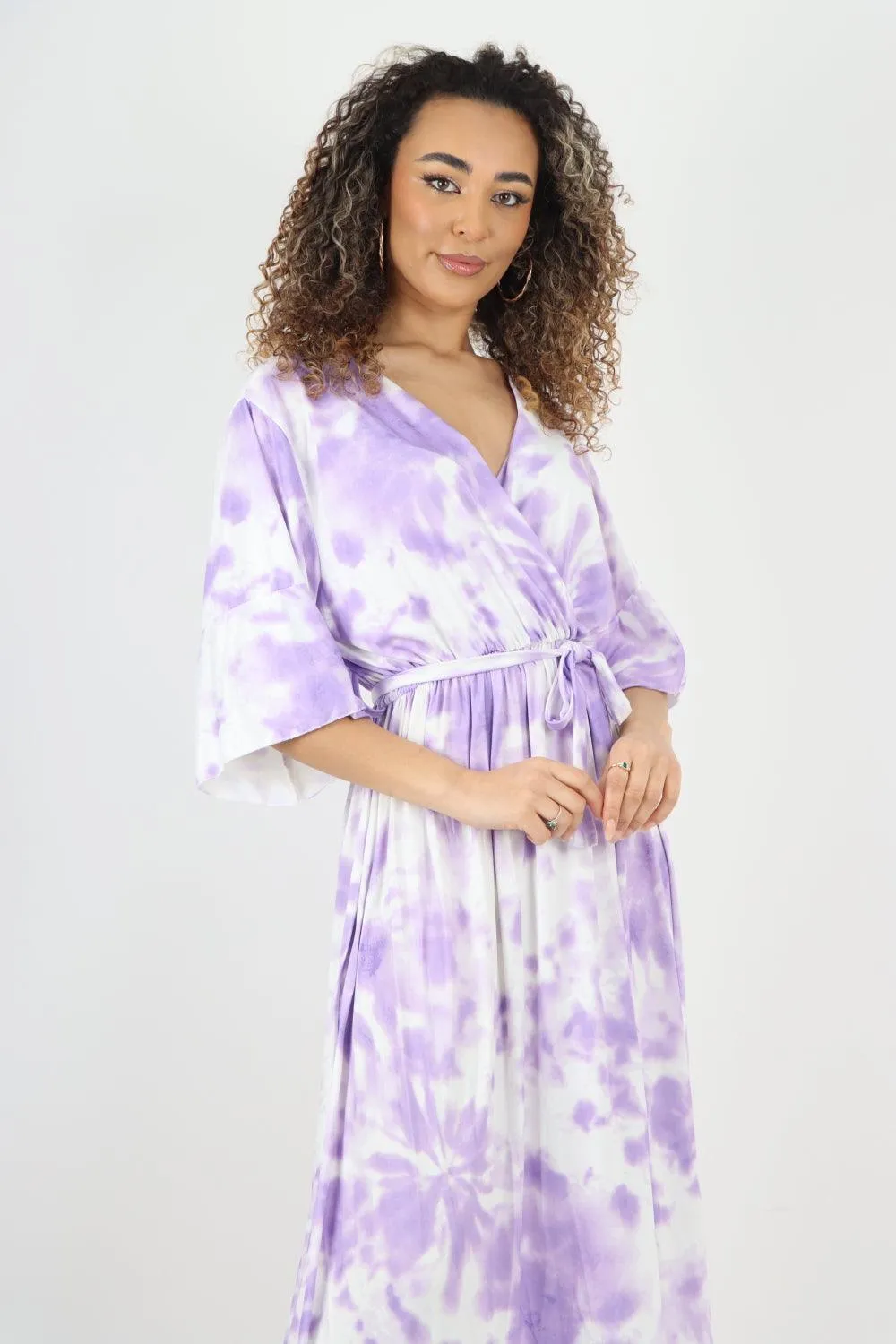 Elasticated Waist Tie Dye Wrap Over  Maxi Dress