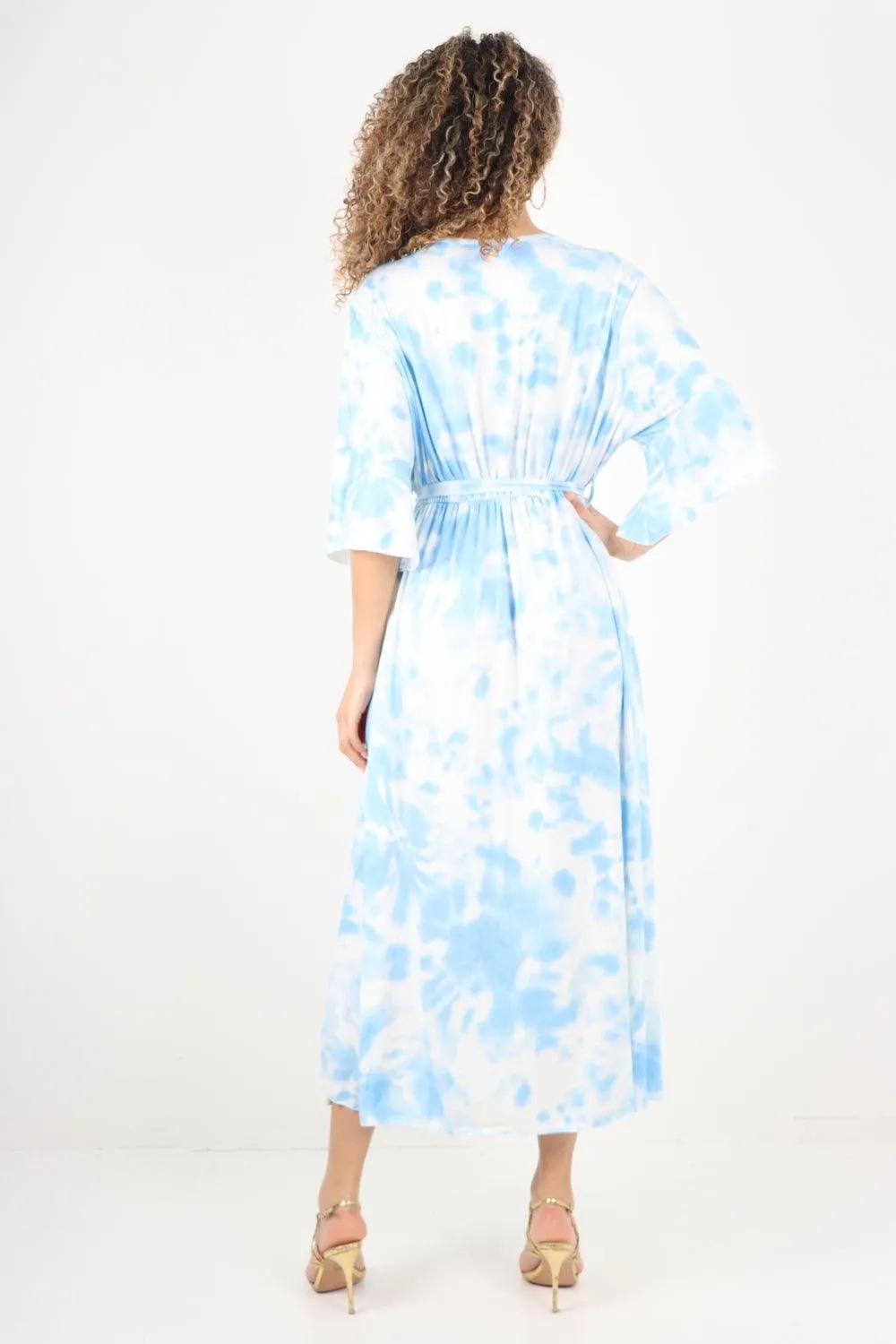 Elasticated Waist Tie Dye Wrap Over  Maxi Dress