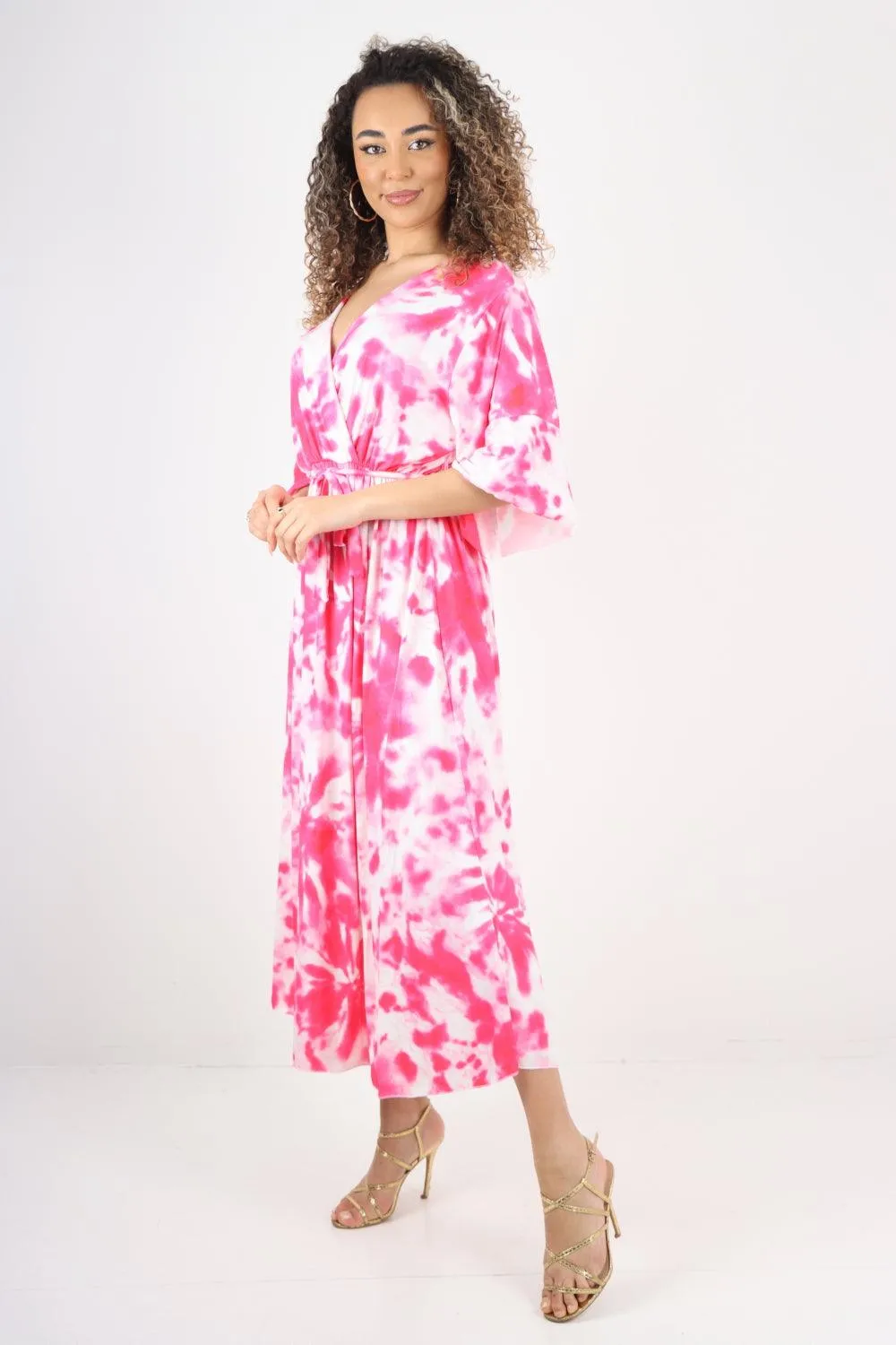 Elasticated Waist Tie Dye Wrap Over  Maxi Dress