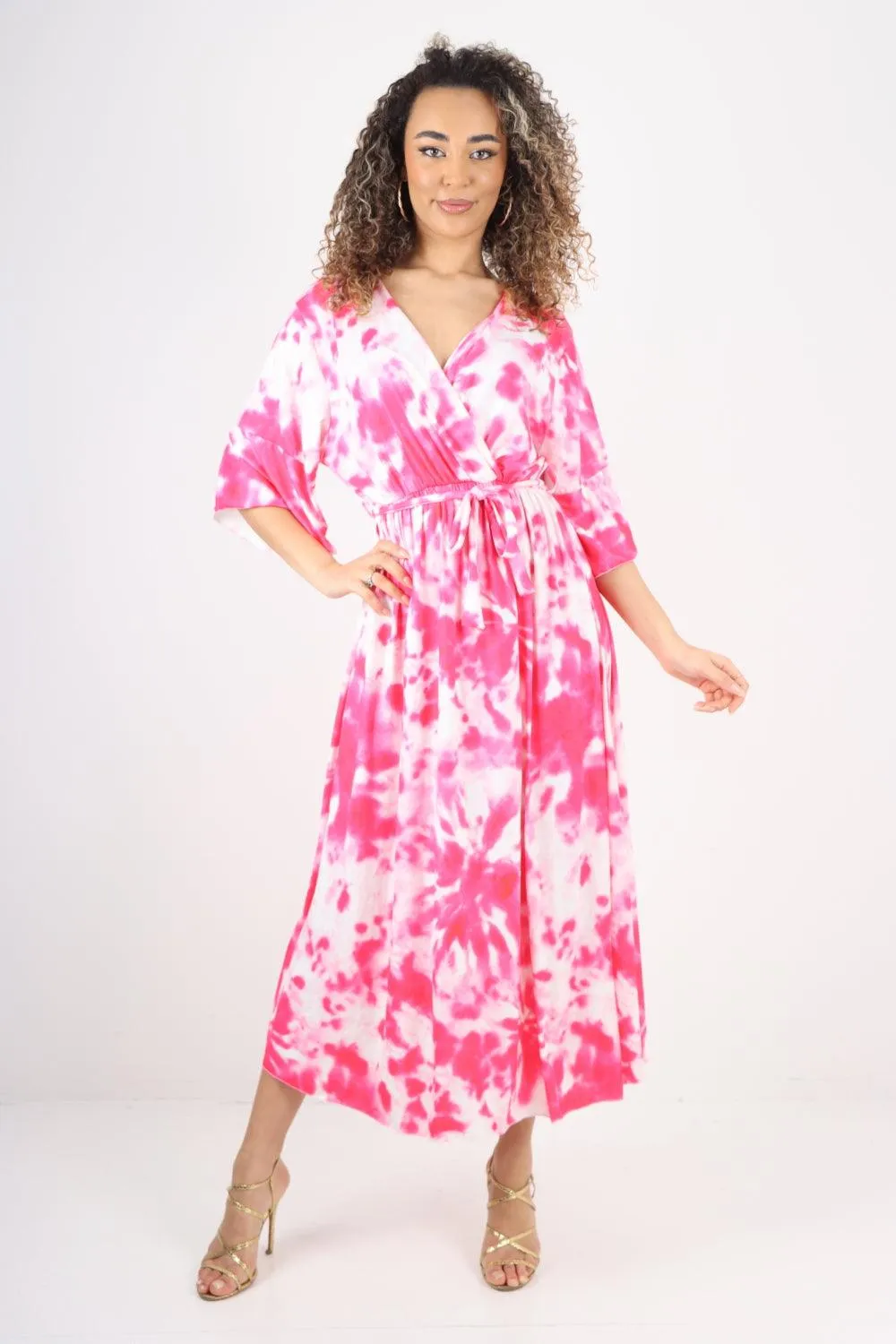 Elasticated Waist Tie Dye Wrap Over  Maxi Dress