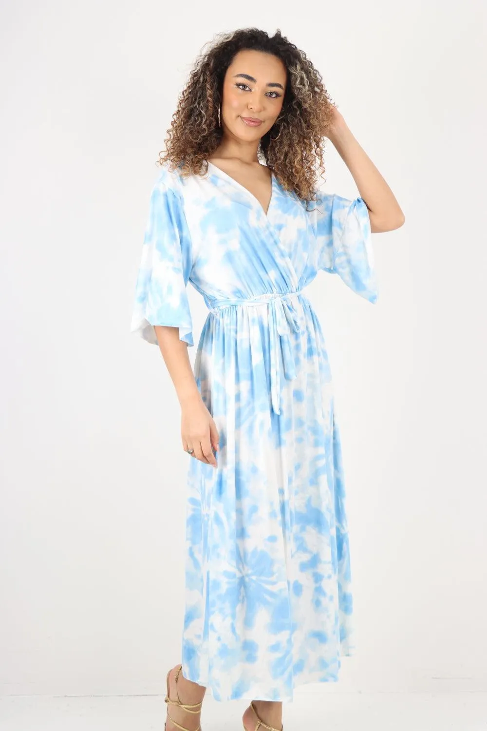 Elasticated Waist Tie Dye Wrap Over  Maxi Dress