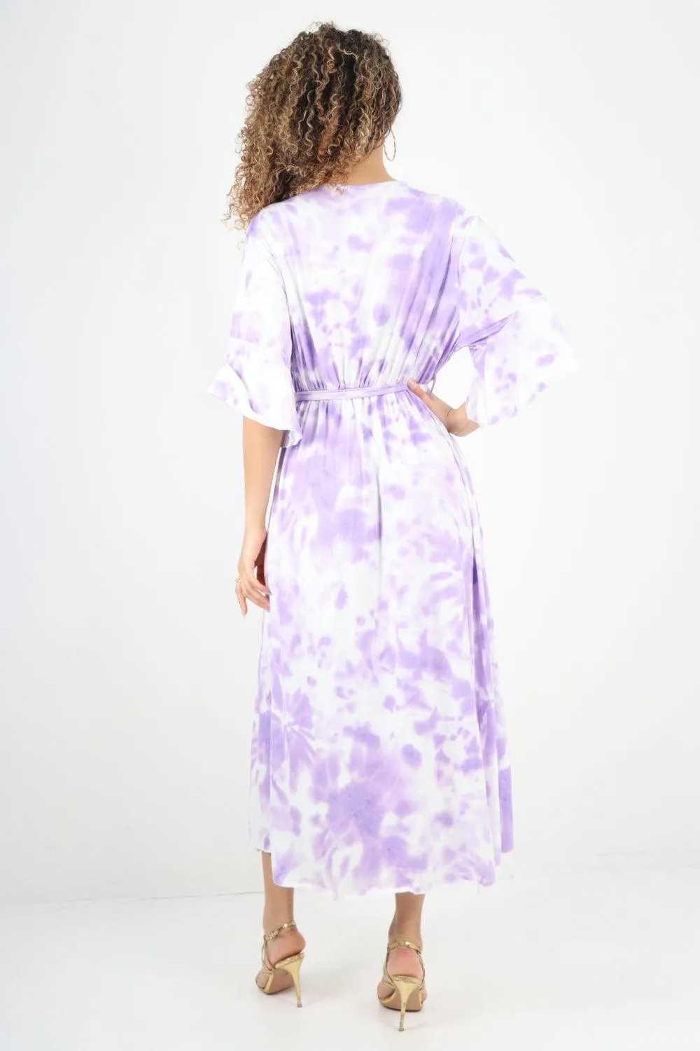 Elasticated Waist Tie Dye Wrap Over  Maxi Dress