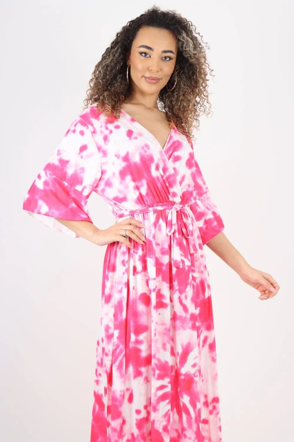 Elasticated Waist Tie Dye Wrap Over  Maxi Dress