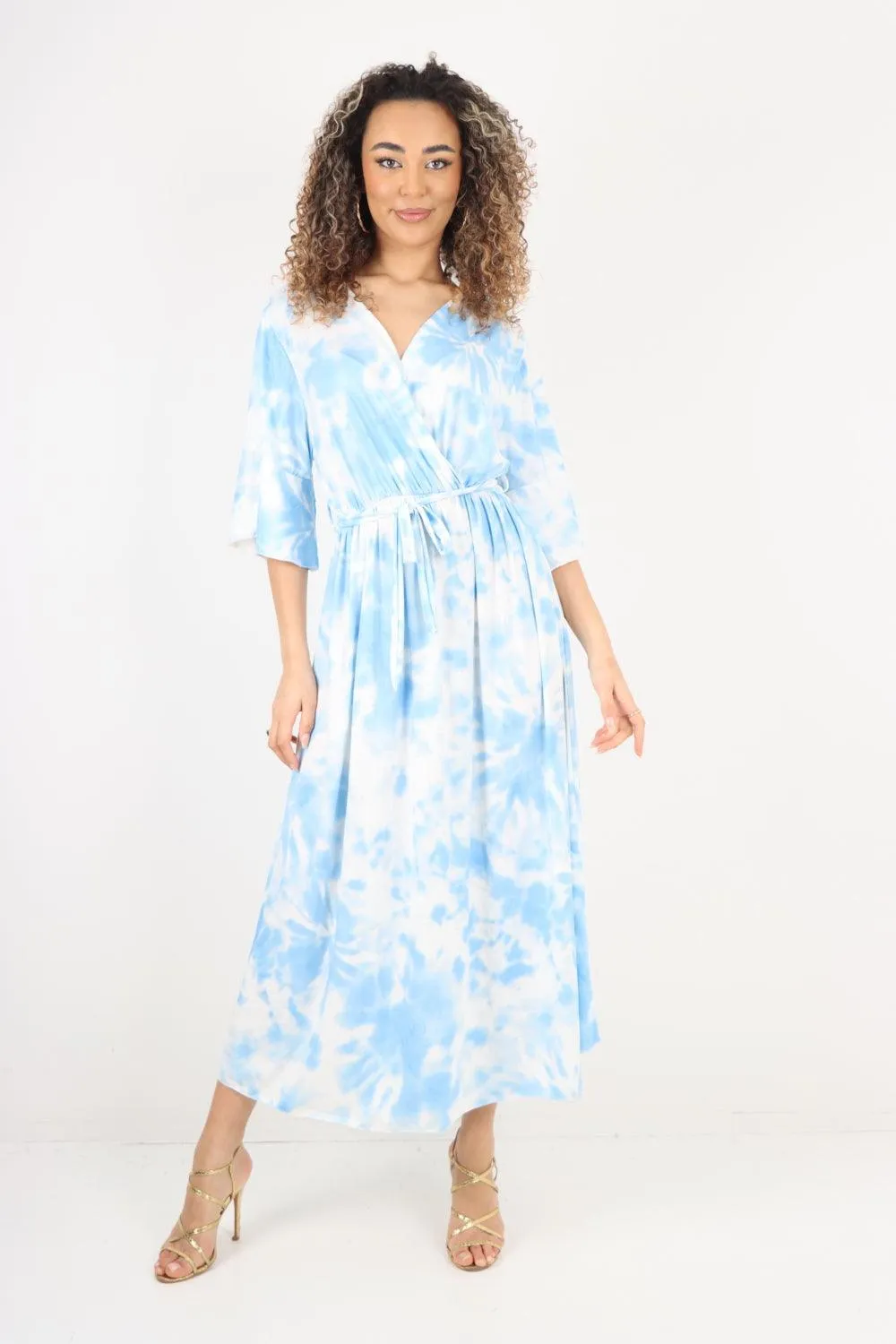 Elasticated Waist Tie Dye Wrap Over  Maxi Dress