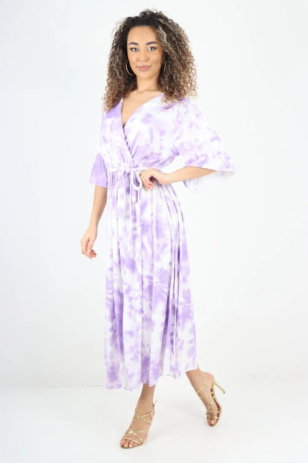 Elasticated Waist Tie Dye Wrap Over  Maxi Dress