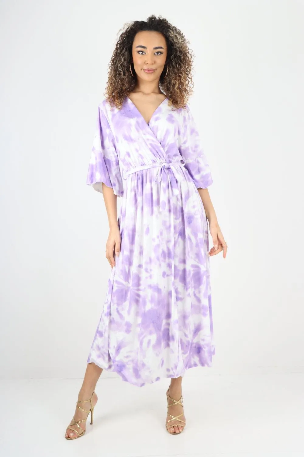 Elasticated Waist Tie Dye Wrap Over  Maxi Dress