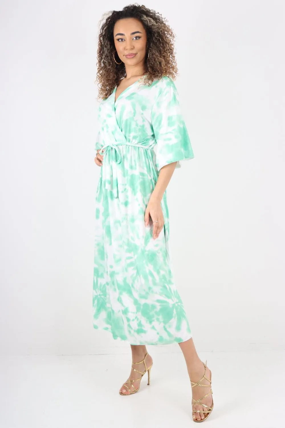 Elasticated Waist Tie Dye Wrap Over  Maxi Dress