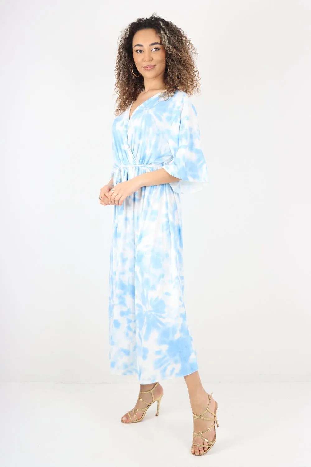 Elasticated Waist Tie Dye Wrap Over  Maxi Dress