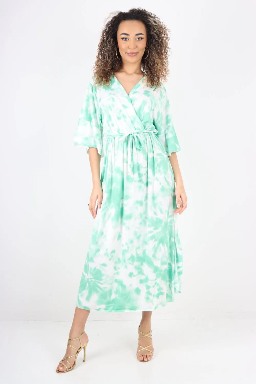 Elasticated Waist Tie Dye Wrap Over  Maxi Dress