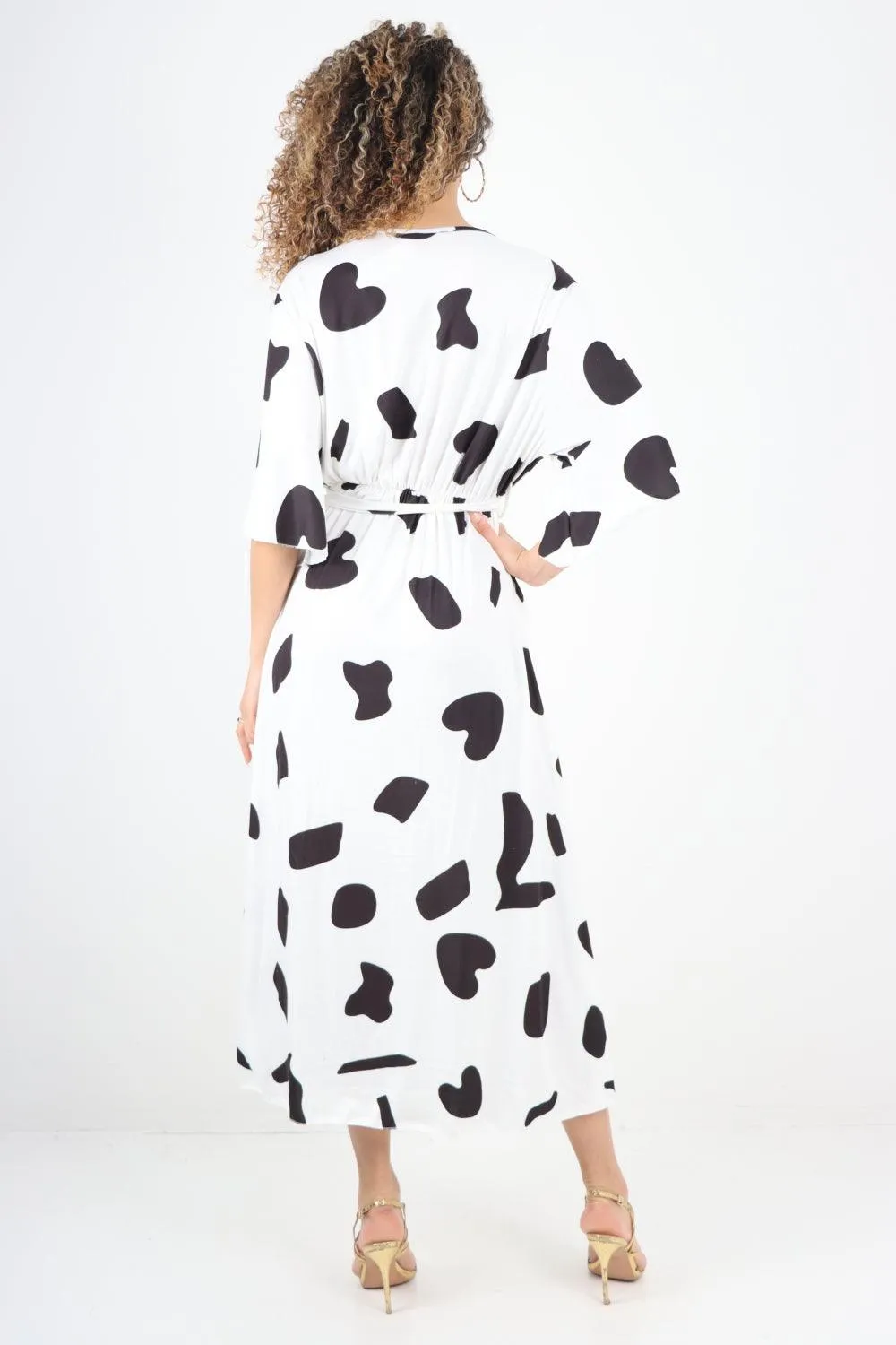 Elasticated Waist Tie Printed Polka Dot Wrap Over Maxi Dress