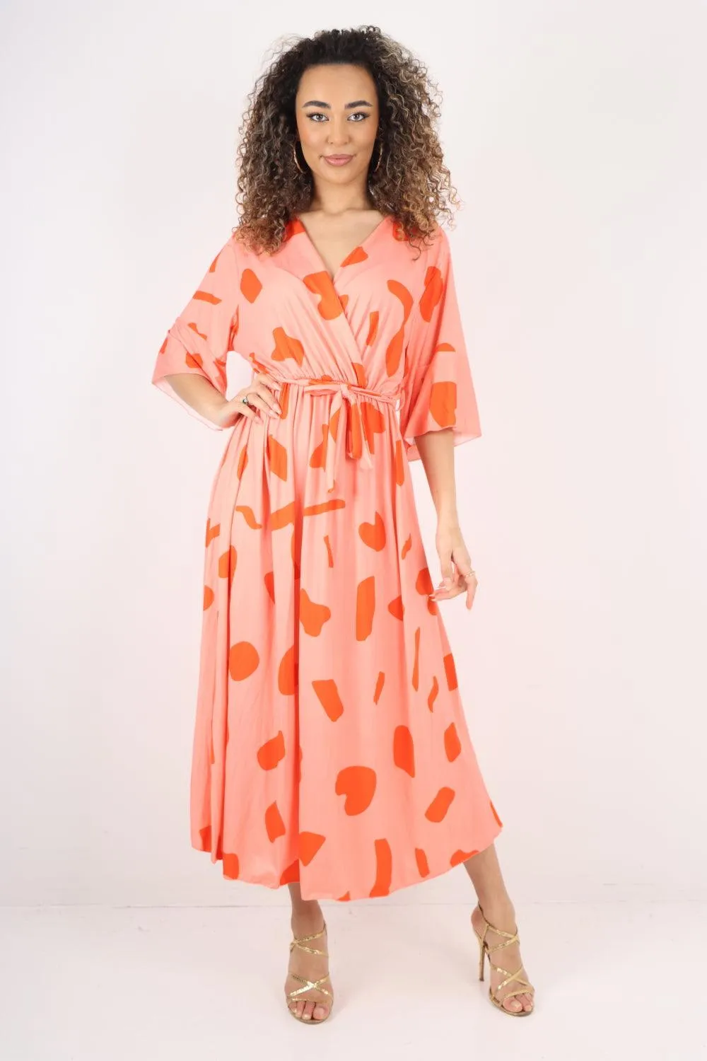 Elasticated Waist Tie Printed Polka Dot Wrap Over Maxi Dress