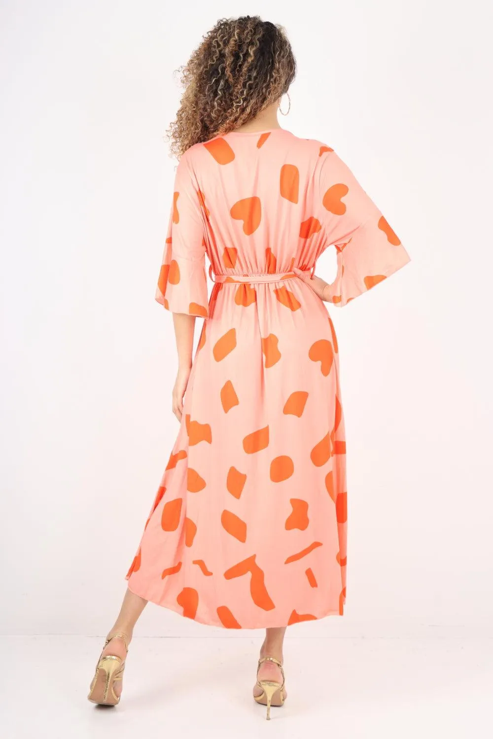 Elasticated Waist Tie Printed Polka Dot Wrap Over Maxi Dress