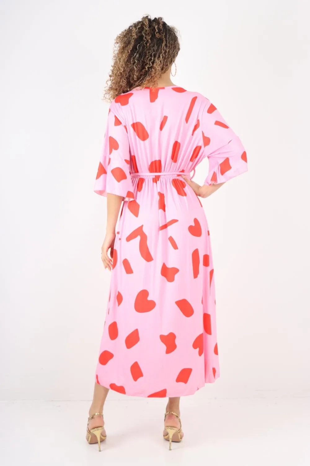 Elasticated Waist Tie Printed Polka Dot Wrap Over Maxi Dress