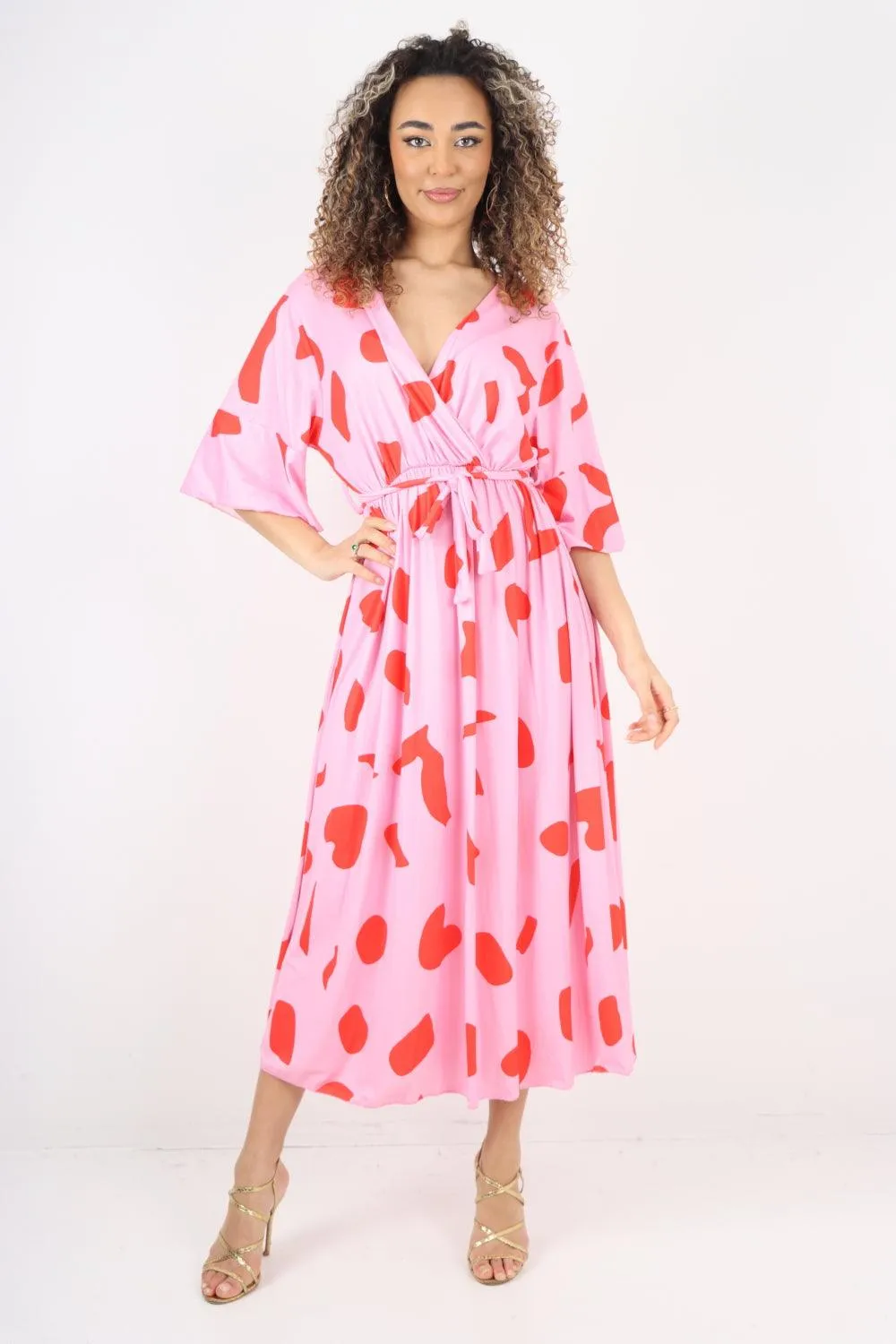 Elasticated Waist Tie Printed Polka Dot Wrap Over Maxi Dress