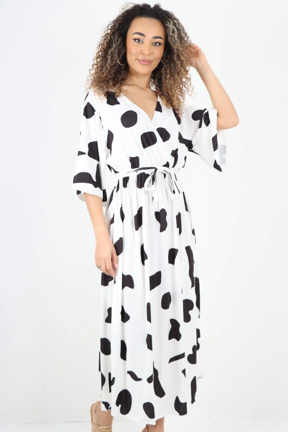 Elasticated Waist Tie Printed Polka Dot Wrap Over Maxi Dress