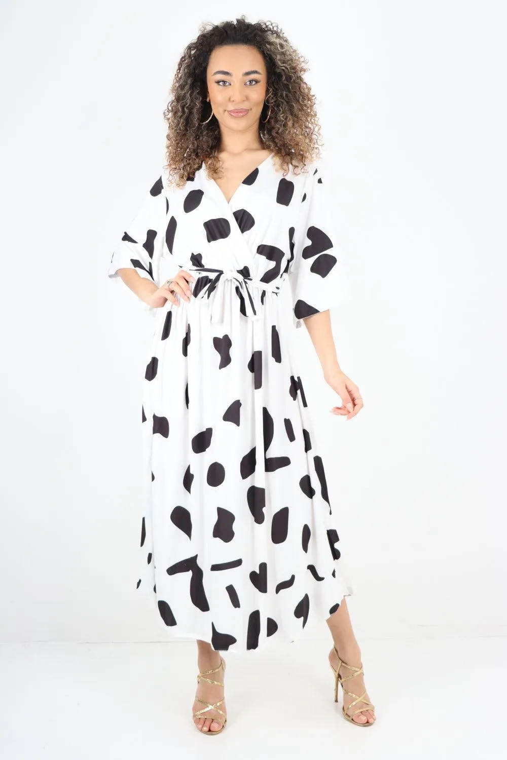 Elasticated Waist Tie Printed Polka Dot Wrap Over Maxi Dress