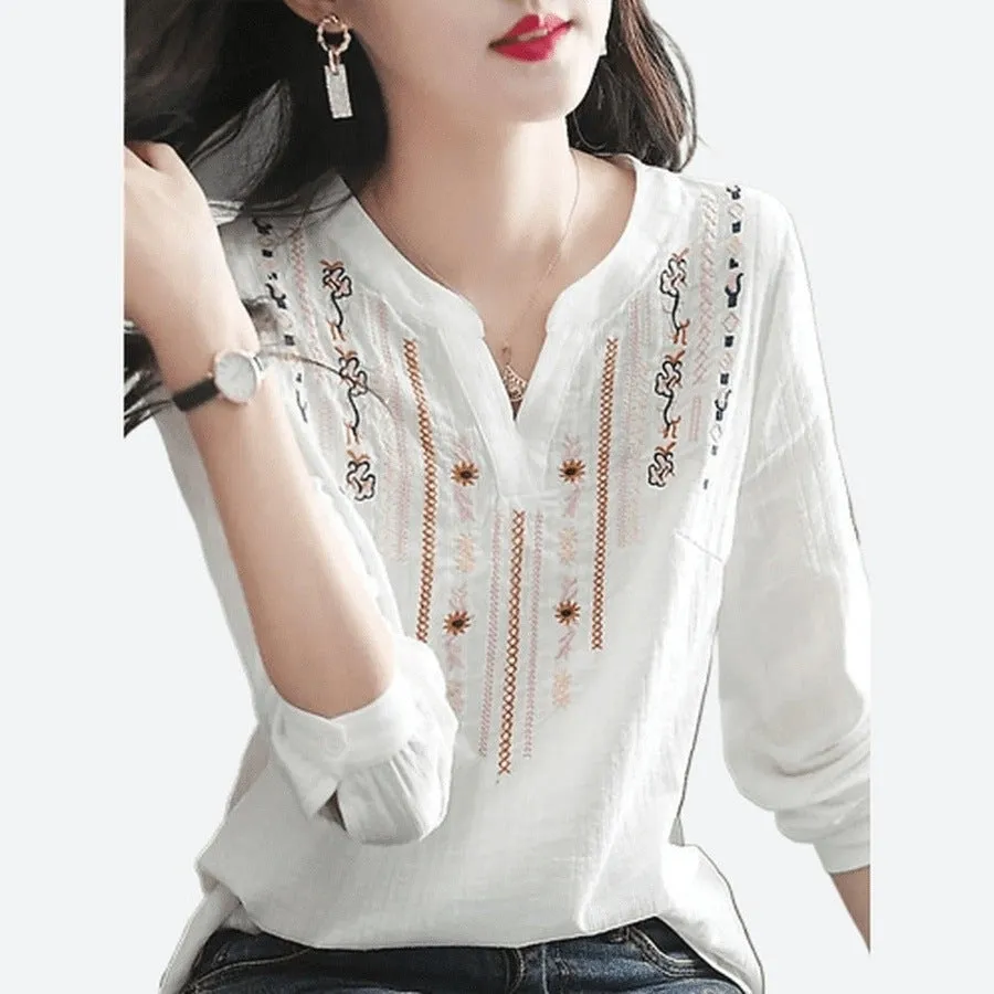 Elegant Comfortable Embroidered V-Neck Tops